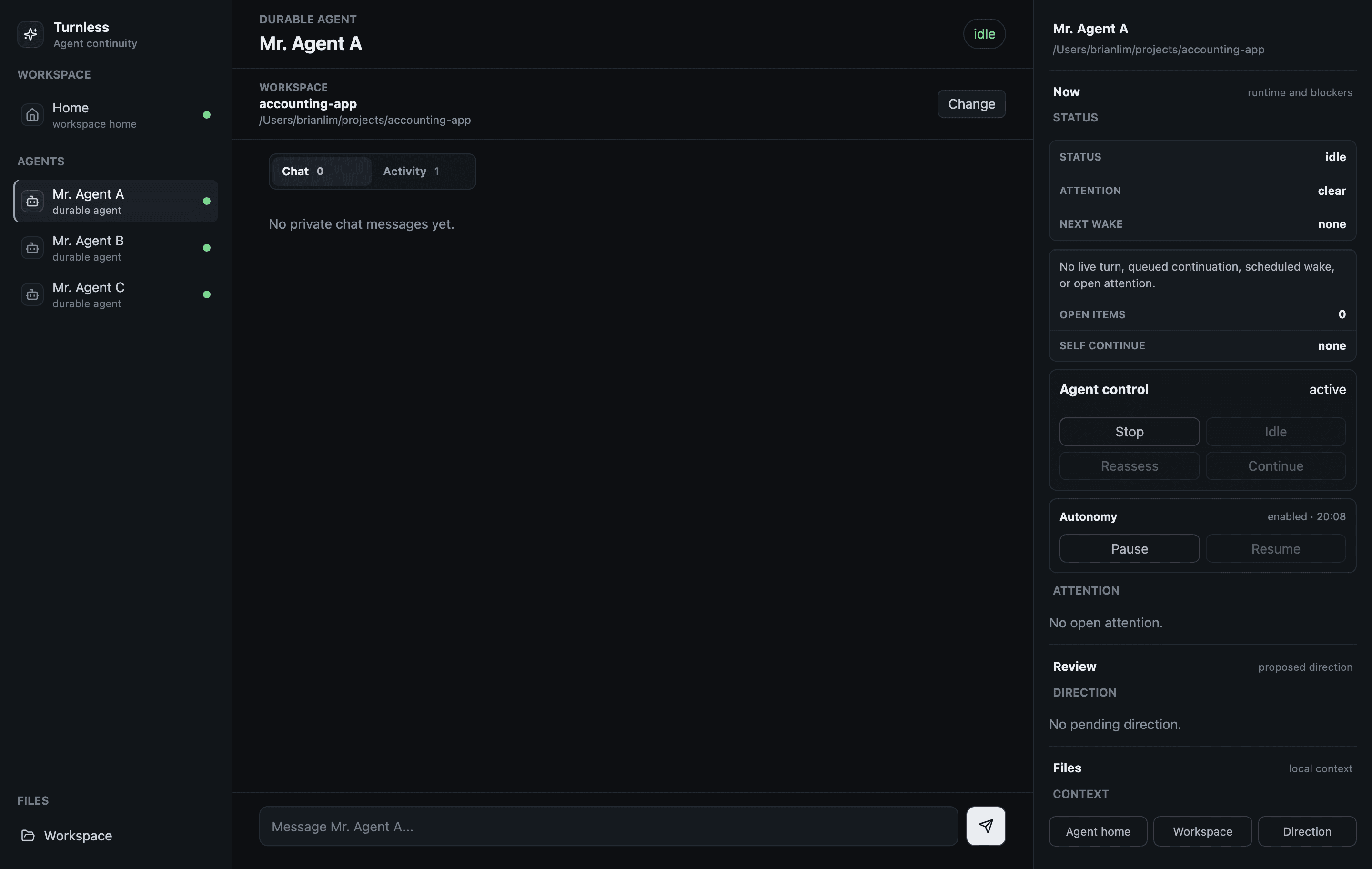 Turnless app showing agent threads, project activity, and attention state